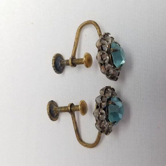 Vintage Sterling Silver Blue Rhinestone Cluster Clip On Earrings, Gold Wash - Picture 3 of 8